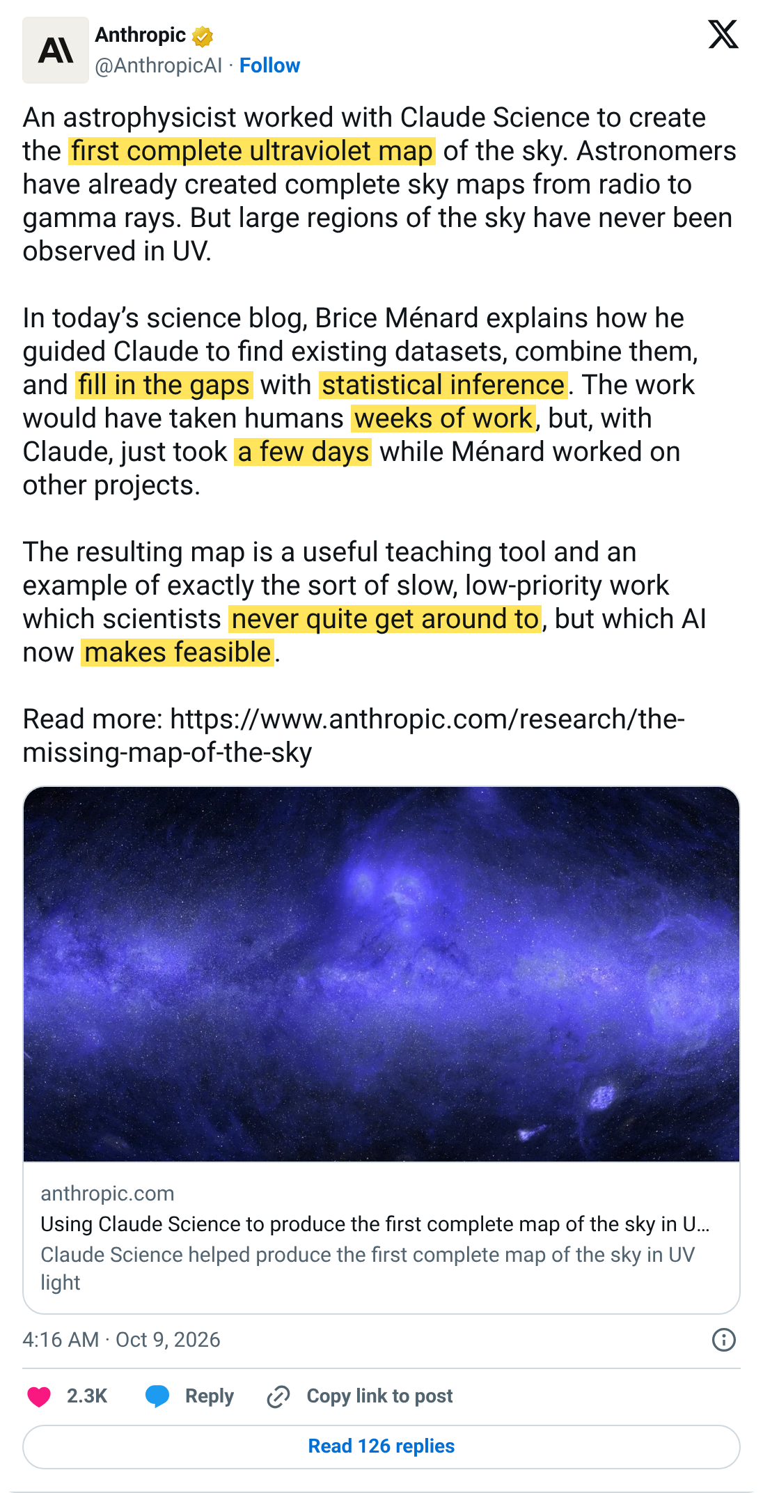 Claude Science의 자외선 하늘 지도에 관한 Anthropic 포스트 영어 원문