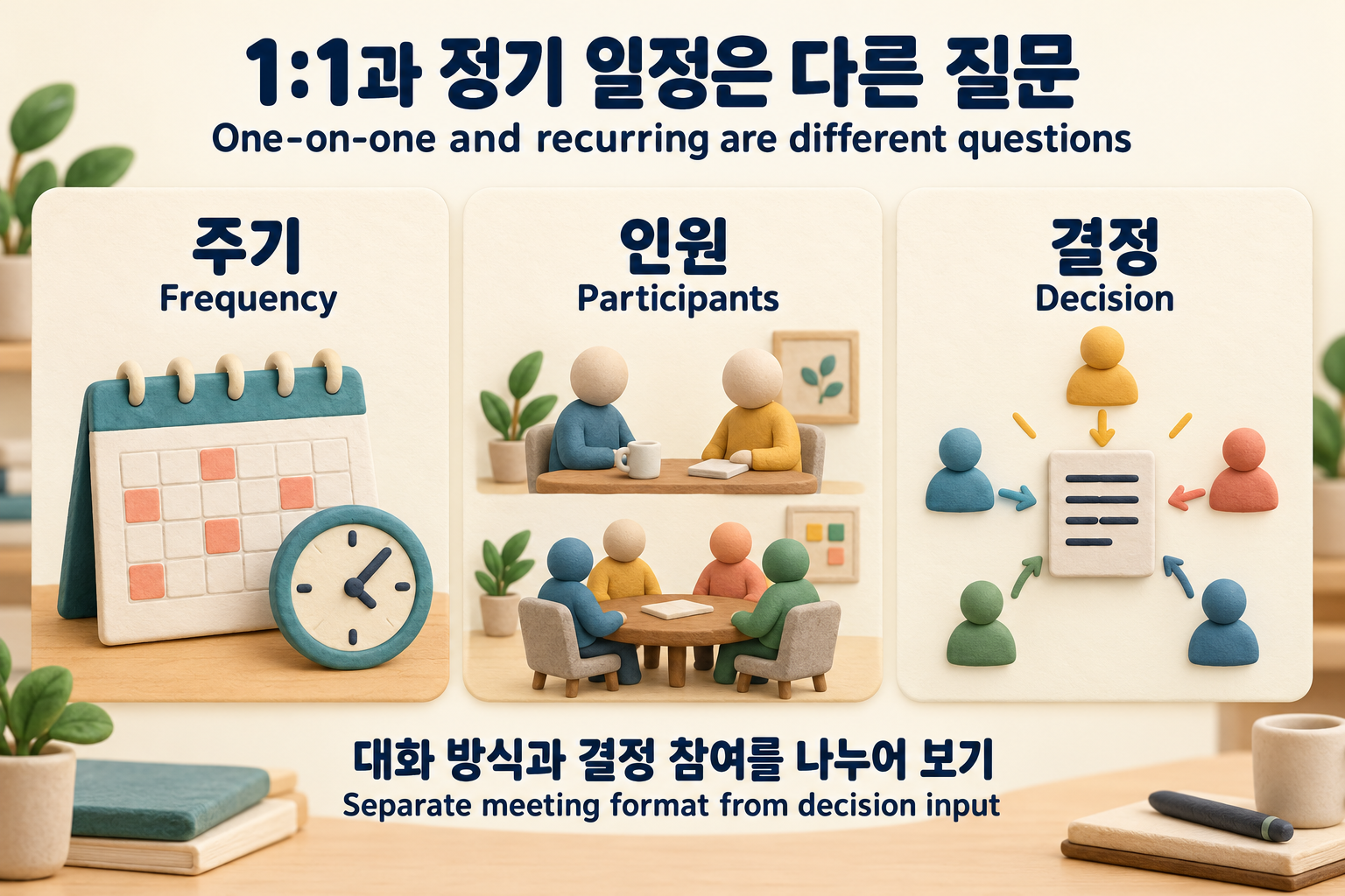 회의의 주기와 인원 및 결정 참여를 서로 다른 질문으로 나눈 한영 그림