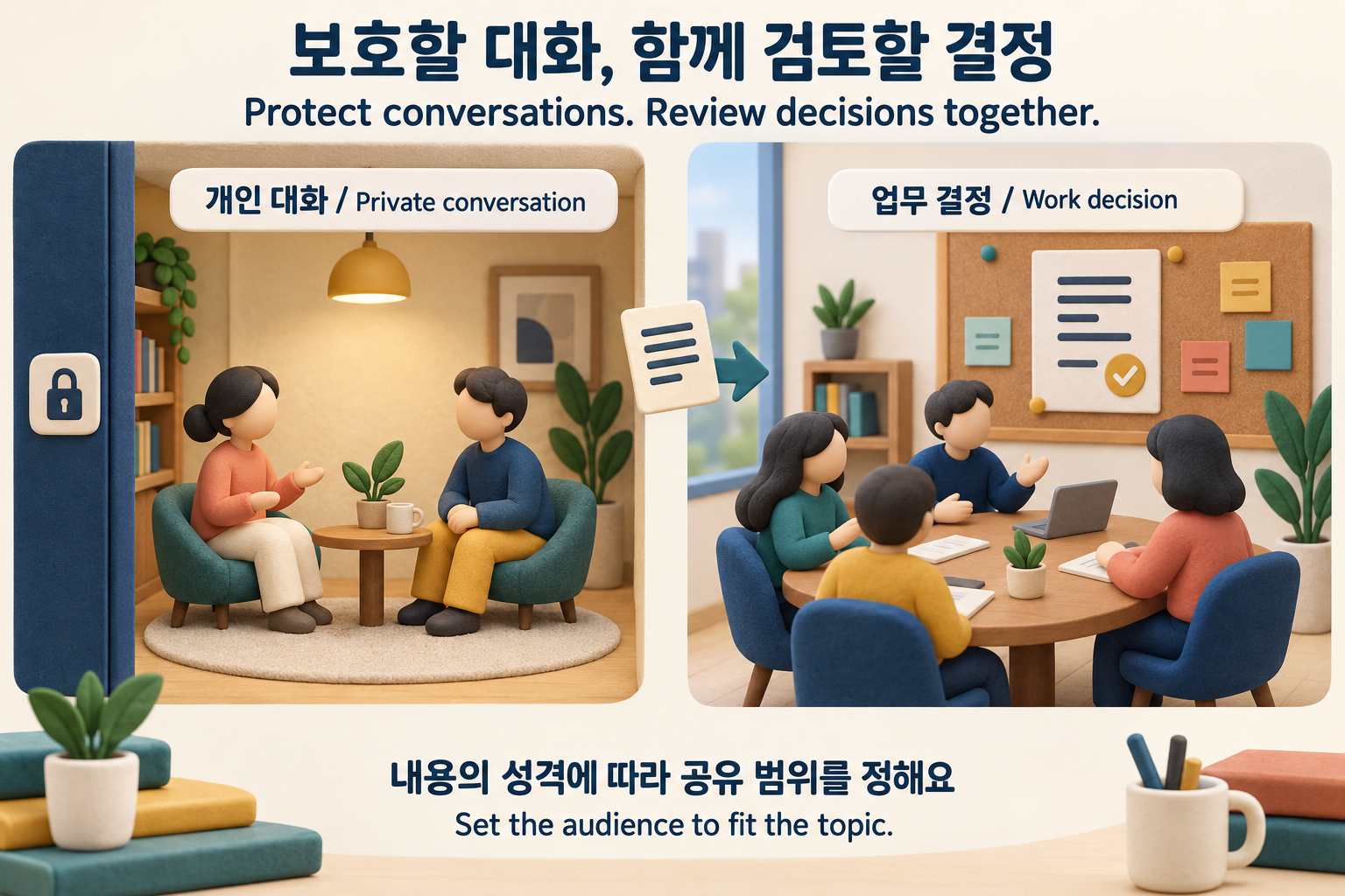 개인 대화의 보호와 업무 결정의 검토 및 기록을 구분하는 한영 개념 그림