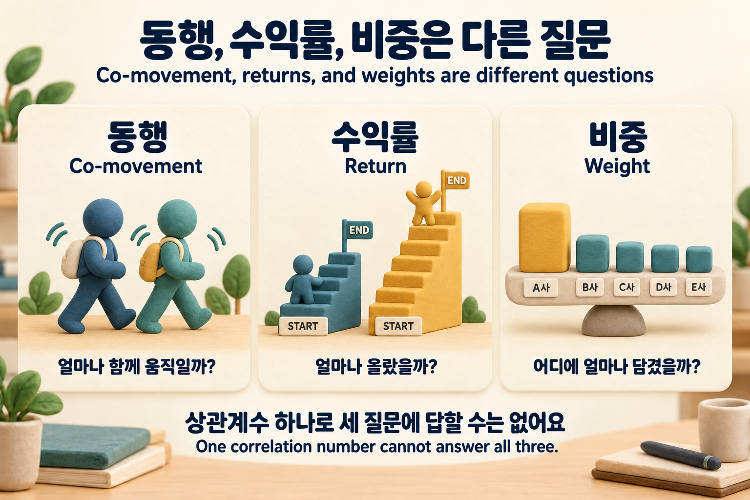 동행과 수익률 및 비중을 서로 다른 질문으로 구분한 한영 개념 그림