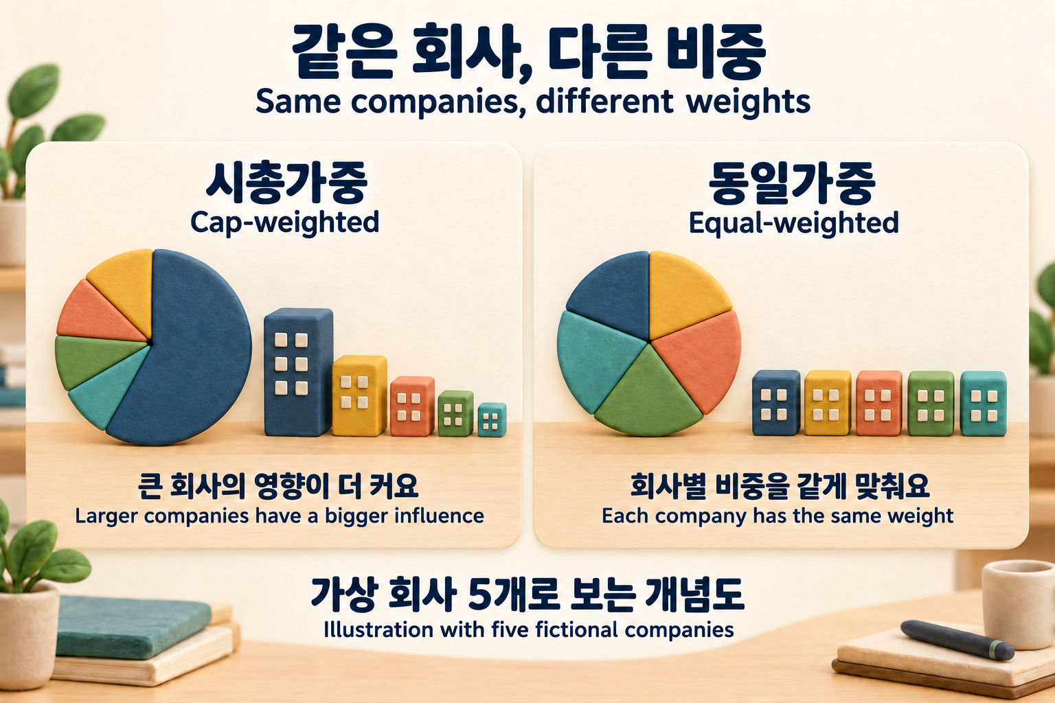 가상 회사 다섯 개로 시총가중과 동일가중의 비중을 비교한 한영 그림