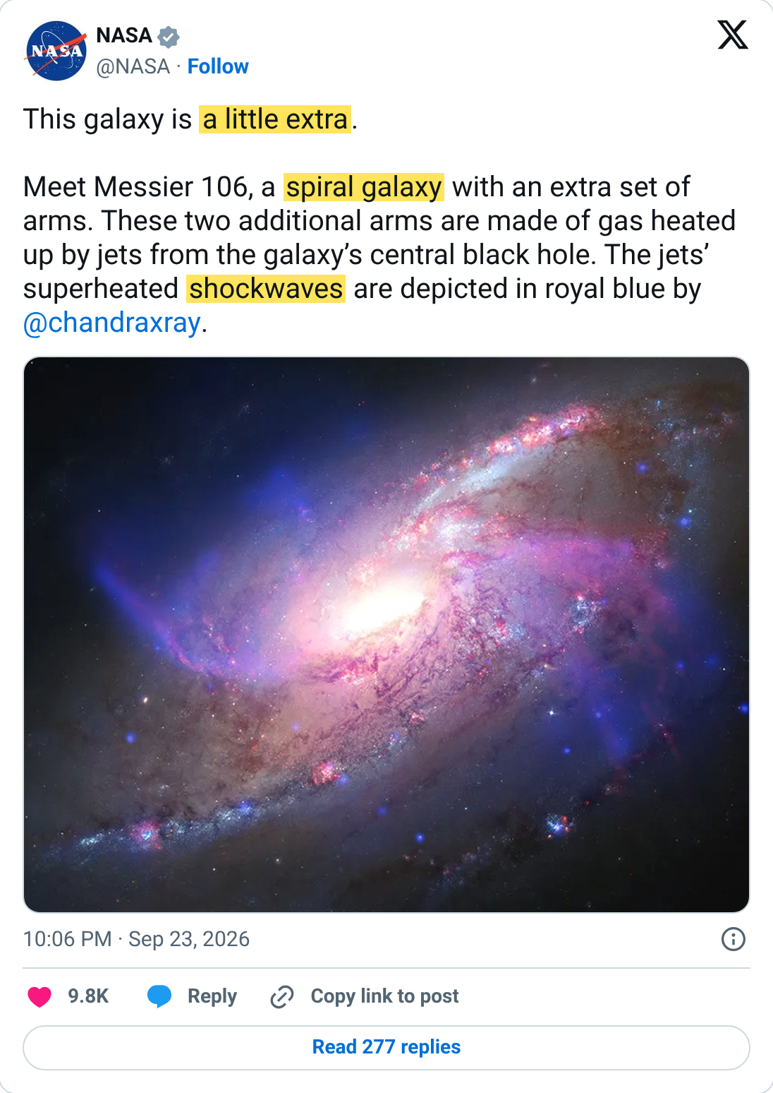 NASA의 M106 X 포스트 영어 원문 캡처. 추가 나선팔과 찬드라 X선 충격파를 소개하며 M106 합성 이미지를 보여줍니다.