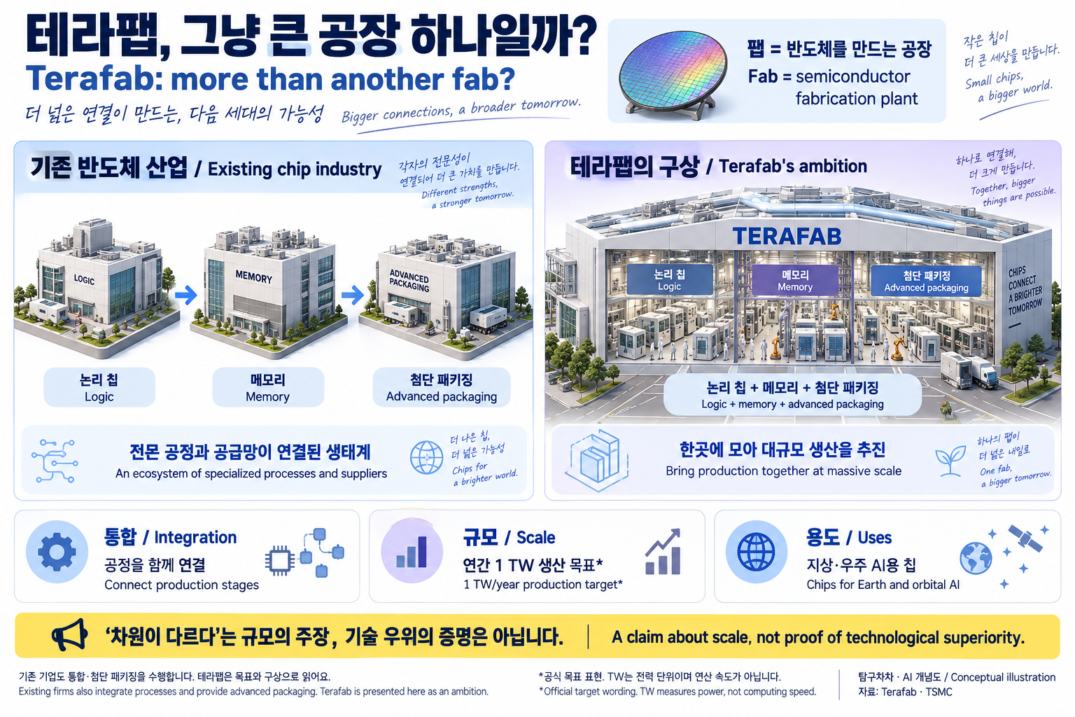 팹은 반도체를 만드는 공장입니다. 기존 산업은 전문 공정과 공급망을 연결하며, 테라팹은 논리 칩·메모리·첨단 패키징을 한곳에 모아 대규모로 생산하려는 구상입니다. 규모 목표는 기술 우위가 입증됐다는 뜻이 아닙니다.