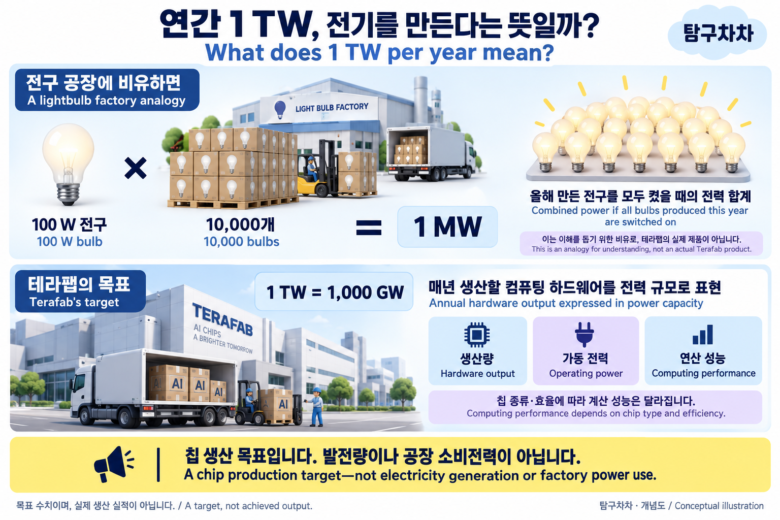 100 W 전구 1만 개를 만들면 모두 켰을 때 1 MW가 필요합니다. 테라팹의 연간 1 TW도 매년 생산하는 컴퓨팅 하드웨어를 전력 규모로 나타낸 목표이며, 발전량이나 공장 소비전력을 뜻하지 않습니다.