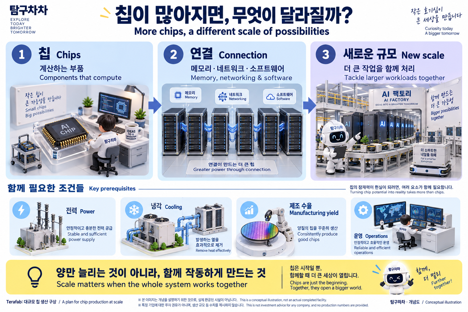 칩을 연결해 더 큰 작업을 처리하려면 메모리, 네트워크, 소프트웨어와 전력, 냉각, 제조 수율, 운영이 함께 필요합니다.